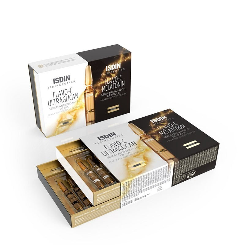 Flavo-C Melatonin & Ultraglican Rutina de ISDIN Antioxidante Protege de día, repara de noche