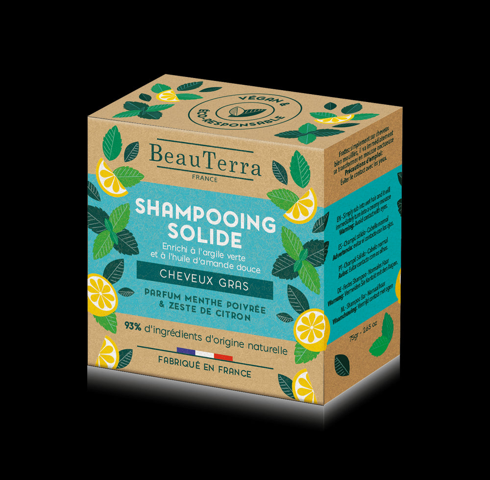BeauTerra Champú sólido Menta y Cáscara de Limón para Cabello graso 75 gr