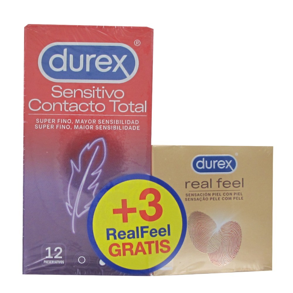 Pack Durex Preservativo Sensitivo Contacto Total 12 uds + Real Feel 3 uds de Regalo