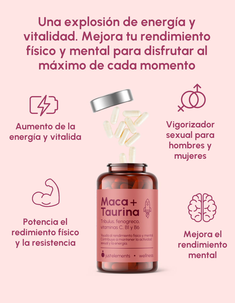 Maca + Taurina Just Elements Wellness 120 cápsulas - Aumenta tu rendimiento fisico
