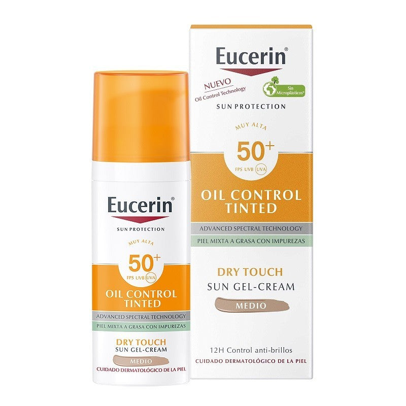 Eucerin Oil Control SPF50+ con Color Medio Toque Seco Gel-Crema Solar Facial 50 ml