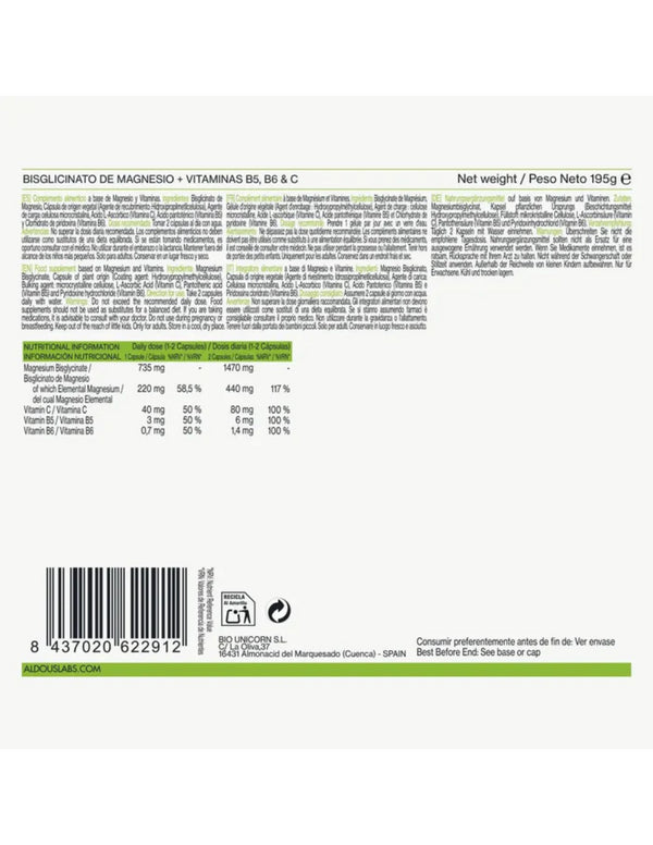 Aldous Bisglicinato de Magnesio con Vitaminas B5, B6 y C 200 caps.