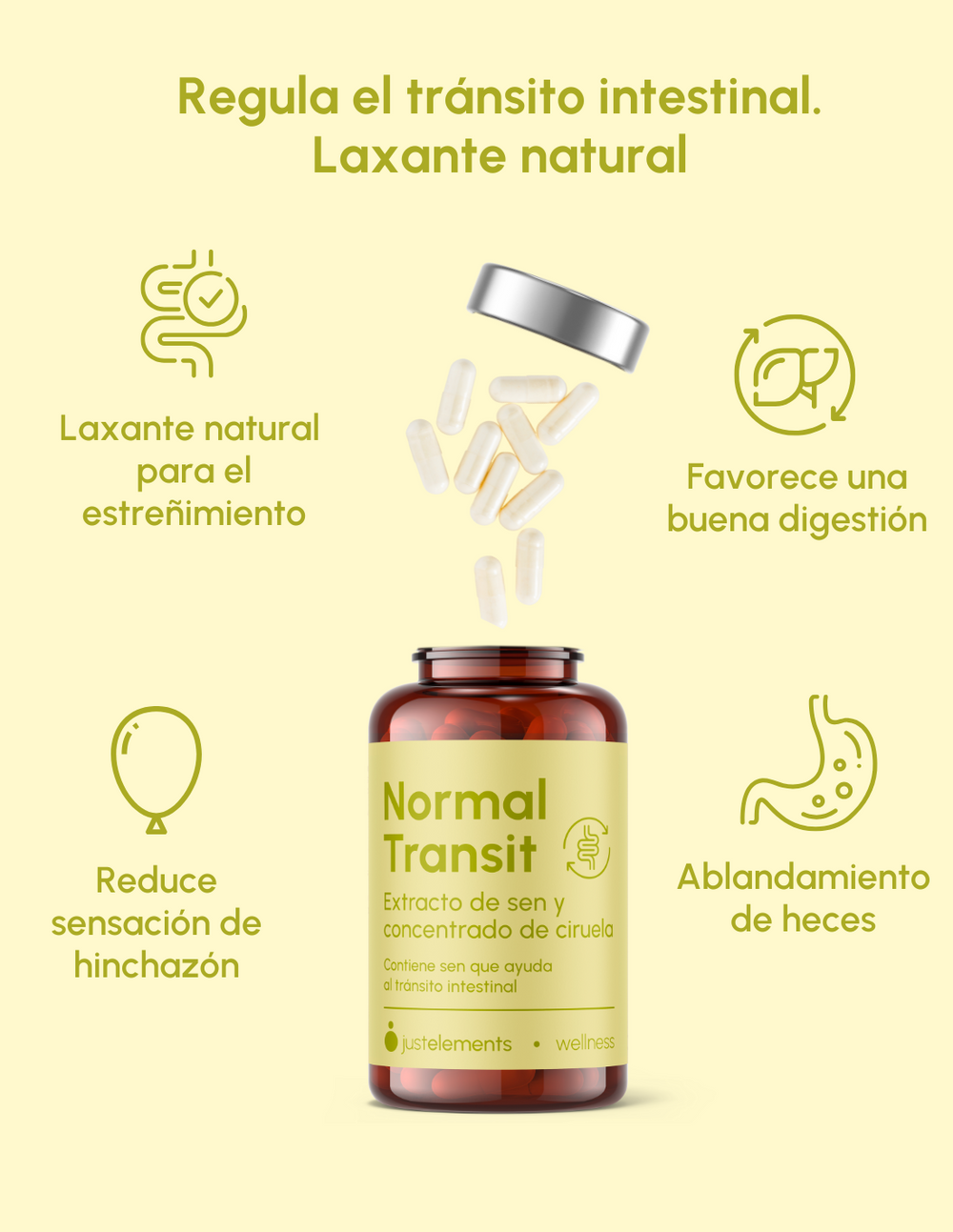 Laxante Natural Normal Transit para Estreñimiento Just Elements Wellness 30 cápsulas