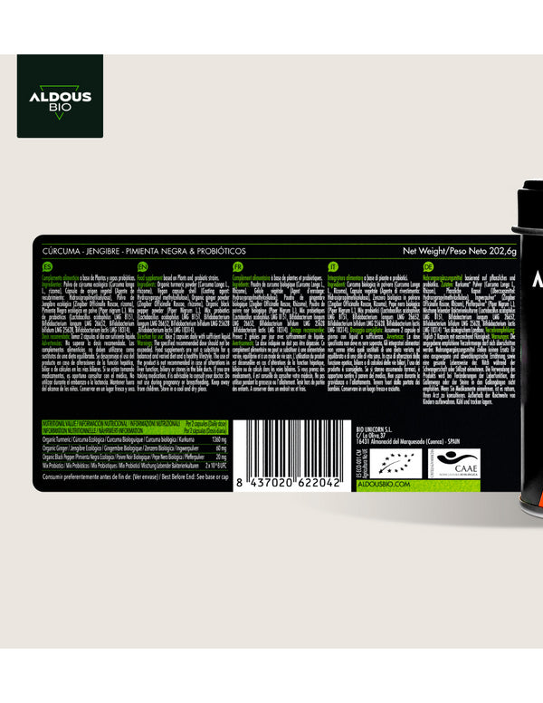 Aldous Cúrcuma Ecológica con Probióticos, Jengibre y Pimienta Negra