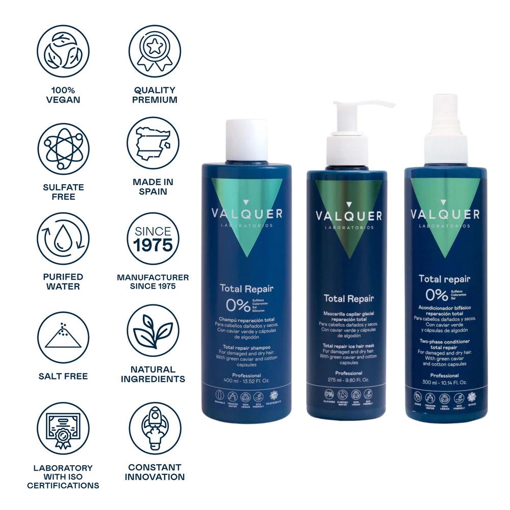 Valquer Pack Total Repair para Cabellos Dañados - Champú, Mascarilla y Acondicionador Bifásico - 975 ml