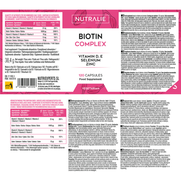 Nutralie Biotina Complex 10000 mcg con Vit D y E Pelo, Piel, Uñas 120 cápsulas