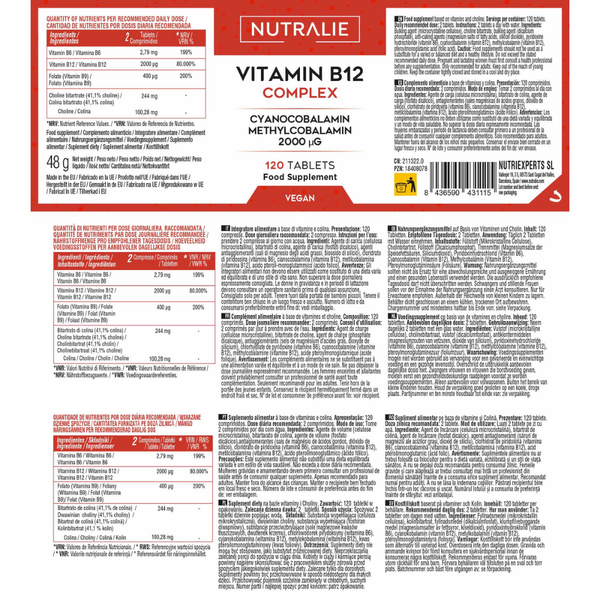 Nutralie Vitamin B12 Complex 2000 mcg reduz a fadiga 120 comprimidos