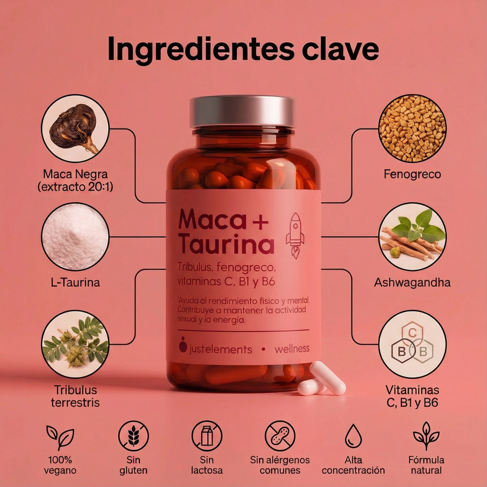 Maca + Taurina Just Elements Wellness 120 cápsulas - Aumenta tu rendimiento fisico