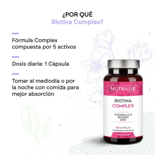 Nutralie Biotina Complex 10000 mcg con Vit D y E Pelo, Piel, Uñas 120 cápsulas