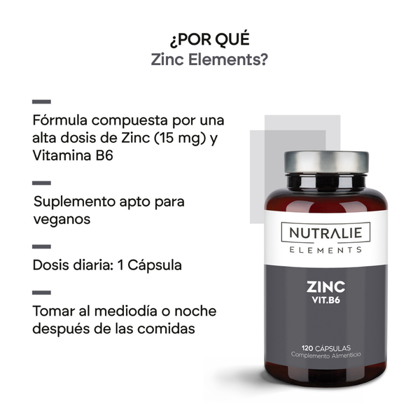 Nutralie Zinc con VItamina B6 para Piel, Acné y Pelo 100% Vegano 120 cápsulas
