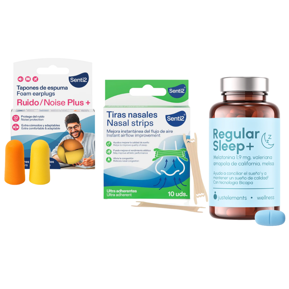 Pack para Dormir Bien, con melatonina, tapones de oidos y tiras nasales anti ronquidos.
