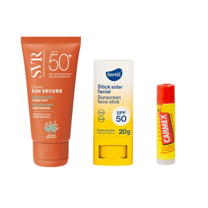 Pack Verano Kit Total con protector solar SVRl, stick solar facial de Senti2 y un carmex en stick para proteger los labios del sol.
