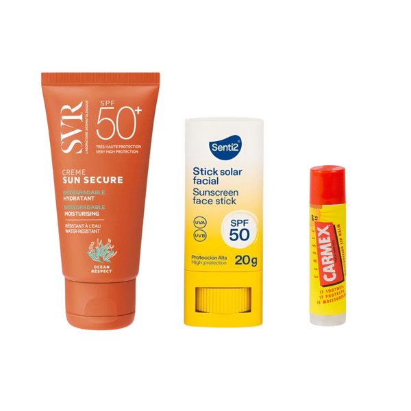 Pack Verano Kit Total con protector solar SVRl, stick solar facial de Senti2 y un carmex en stick para proteger los labios del sol.