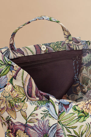 Mala de tecido jacquard com flores de crisântemos azuis