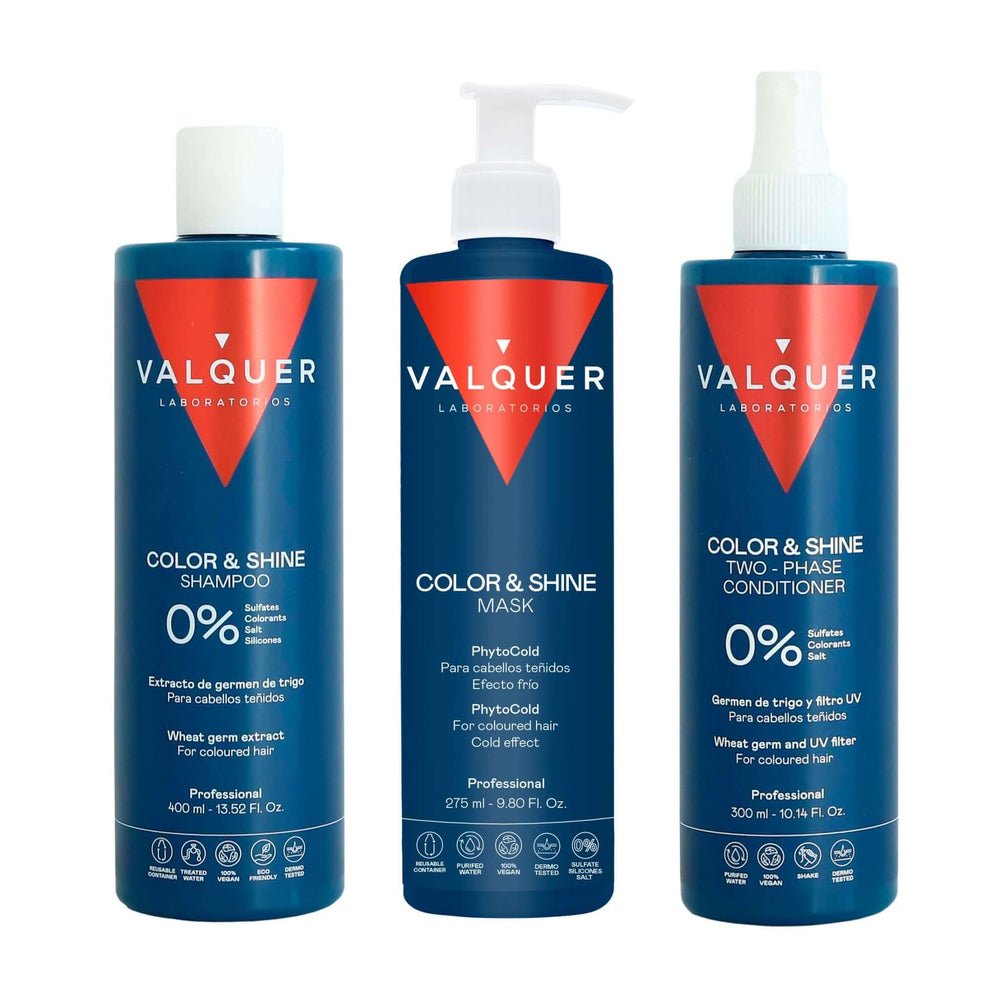 Valquer Pack Potenciador color y brillo para Cabellos Teñidos - Champú, Mascarilla y Acondicionador Bifásico - 1000 ml