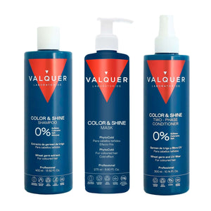 Valquer Pack Potenciador color y brillo para Cabellos Teñidos - Champú, Mascarilla y Acondicionador Bifásico - 1000 ml