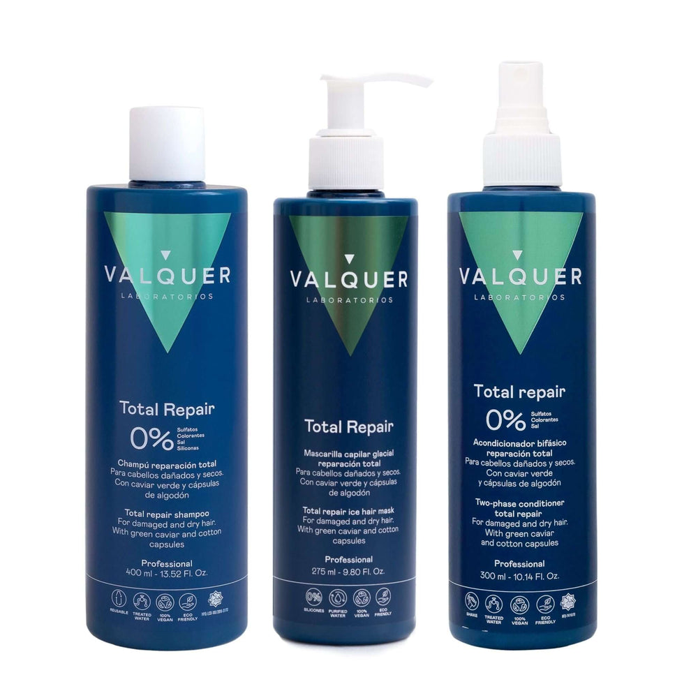 Valquer Pack Total Repair para Cabellos Dañados - Champú, Mascarilla y Acondicionador Bifásico - 975 ml